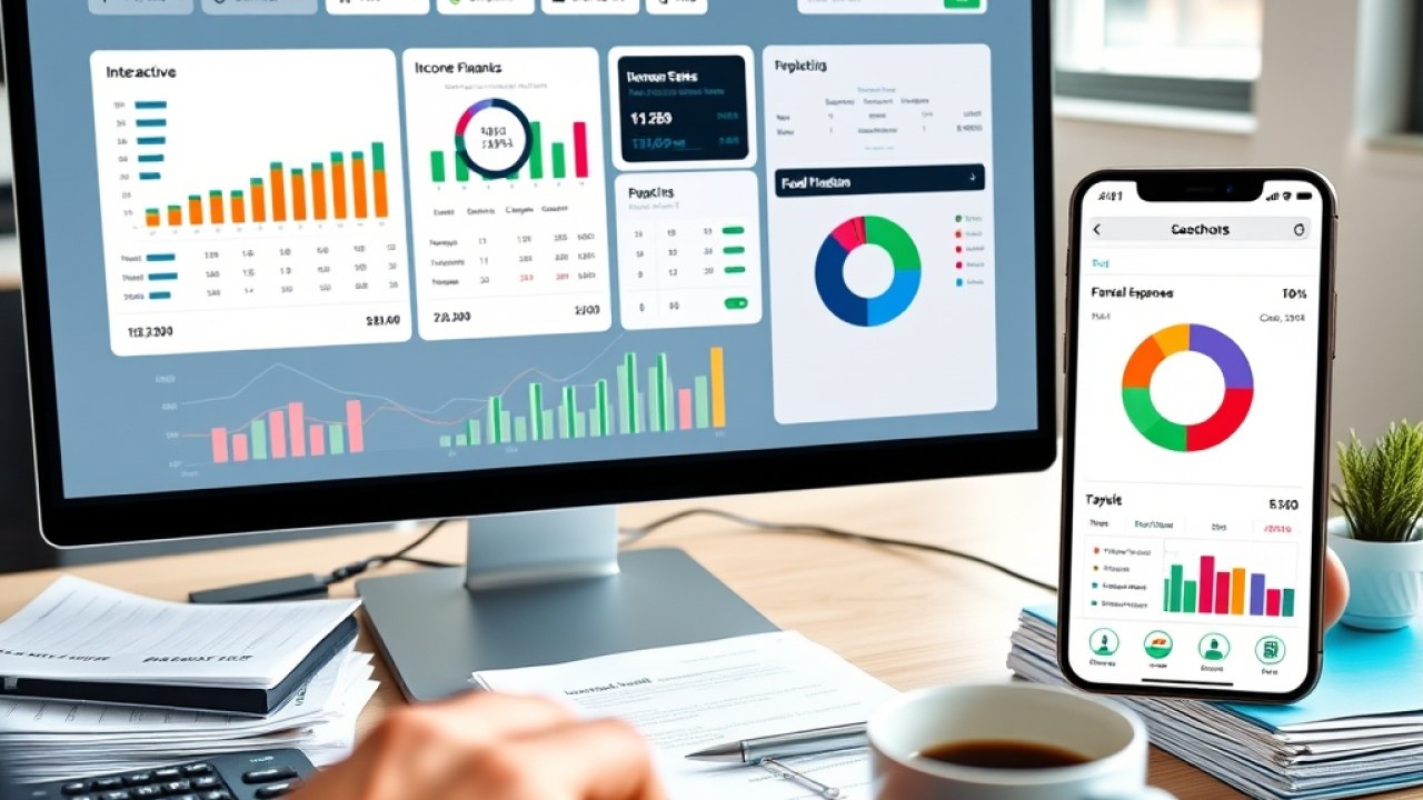 Dasbor aplikasi keuangan sekolah modern menampilkan grafik transparansi dana pendidikan di komputer dan ponsel