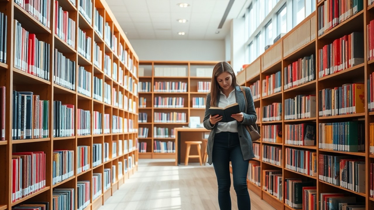 Siswa memindai buku menggunakan aplikasi perpustakaan digital di tablet, suasana perpustakaan sekolah modern dan rapi