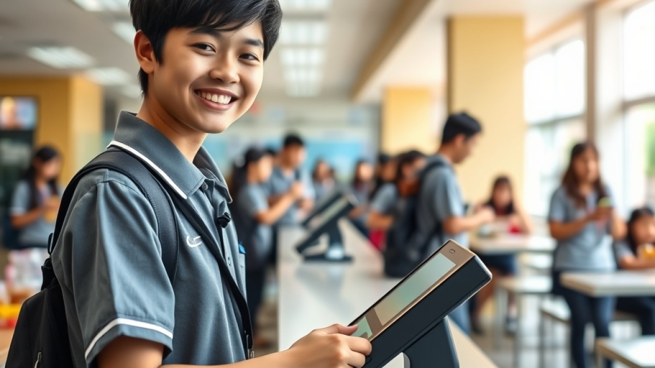 Seorang siswa tersenyum menggunakan kartu untuk pembayaran di aplikasi cashless kantin sekolah modern tanpa antrean panjang.