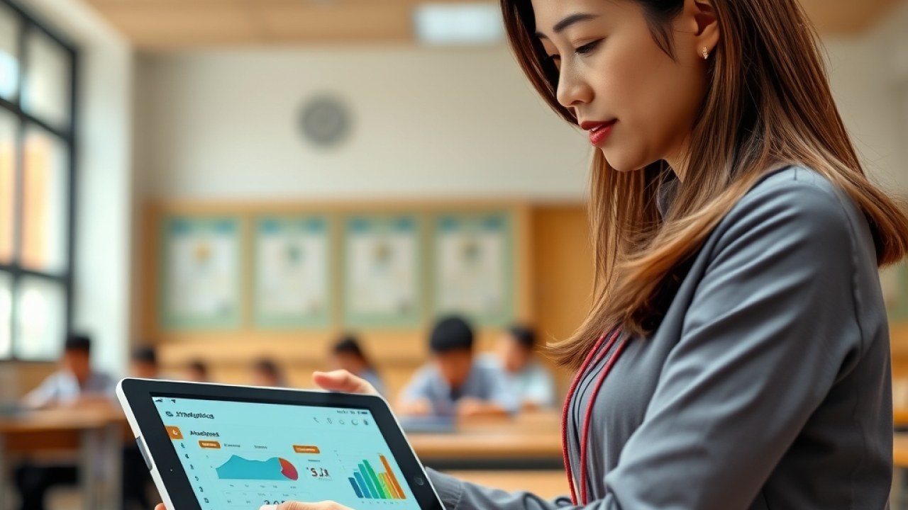 seorang guru sedang memonitor data kehadiran siswa melalui dashboard aplikasi absensi sekolah di sebuah tablet