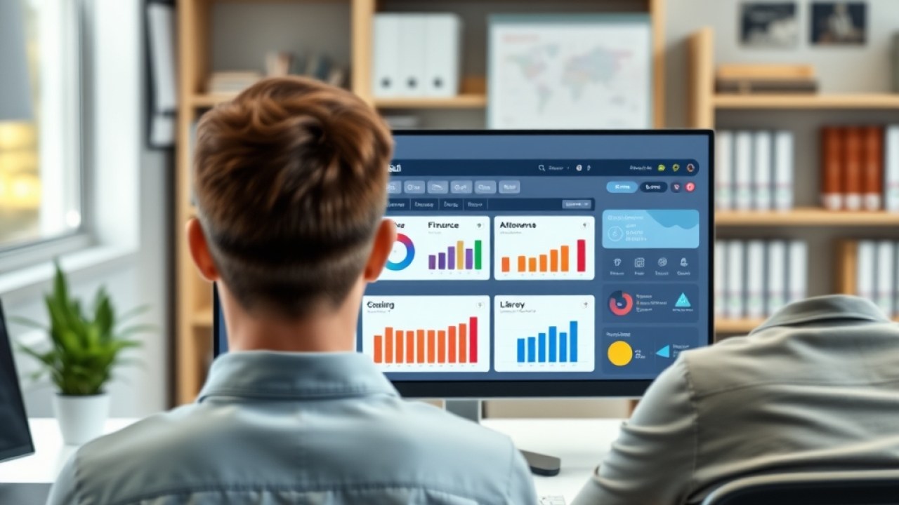 Ilustrasi dashboard digitalisasi administrasi sekolah yang menampilkan integrasi data keuangan, akademik, dan perpustakaan dalam satu layar.