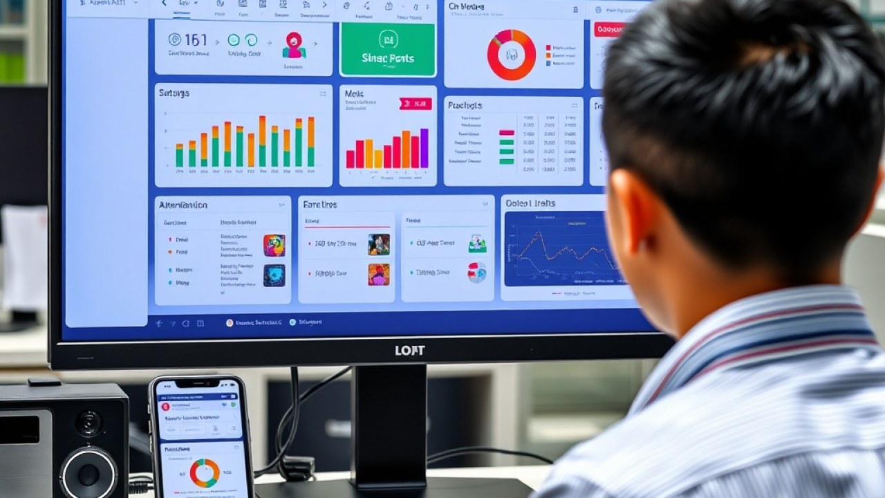 Dashboard software manajemen sekolah terintegrasi menampilkan modul keuangan, absensi, dan data siswa dalam satu layar.